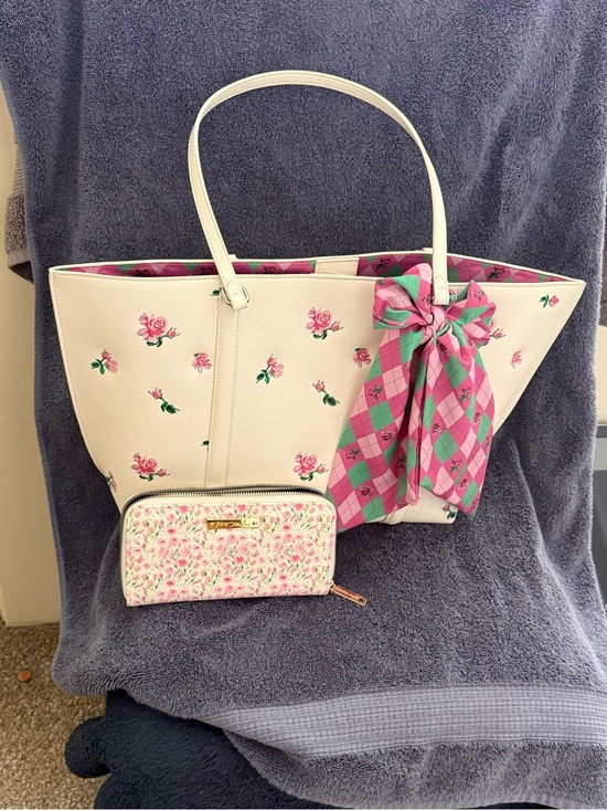 Betsey Johnson Handbags - Betsey Johnson Floral Print White Tote with Pink-Green Scarf
